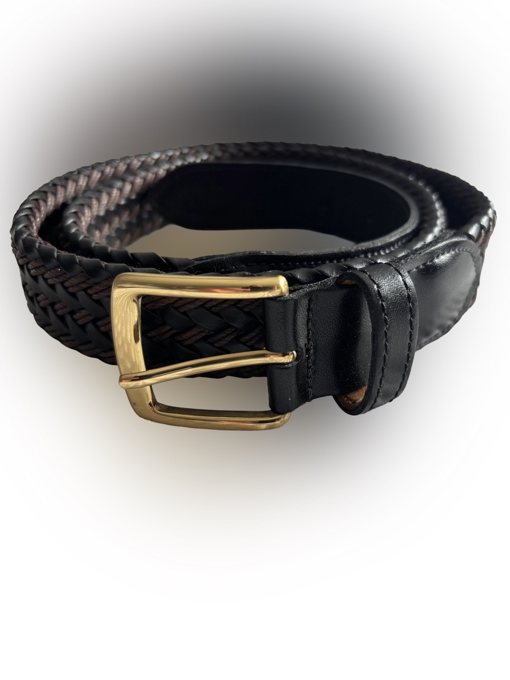 Vintage Bench Craft Two Tone Black Brown Braided Leather Belt & Brass Buckle